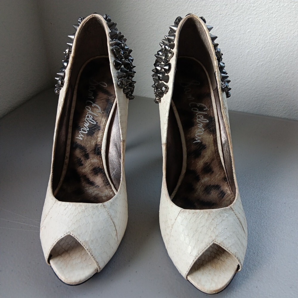Sam Edelman Shoes Womens 8M Peep Toe Cream Leather Metal Spikes Punk Rock Biker - Picture 4 of 16